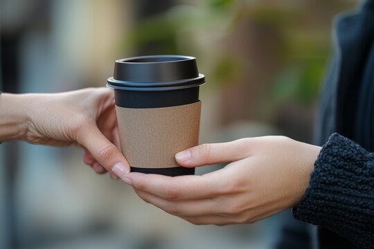 A person handing over a coffee cup promoting pay it forward initiatives and random acts of kindness in everyday life
