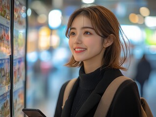 Fototapeta premium 街中を探索しながら電話を見る微笑む若い女性