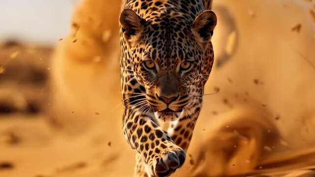 A leopard runs across the savannah, kicking up sand