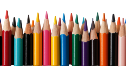 A vibrant assortment of colored pencils lined up in a row, showcasing a variety of colors perfect for art, drawing, and creativity. isolated PNG transparent background.