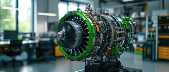 Obraz premium Close-up of a jet engine in a workshop setting.