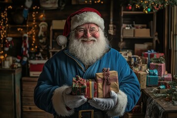 Obraz premium Santa Claus Holding Wrapped Gifts in a Cozy Workshop. Generative AI.