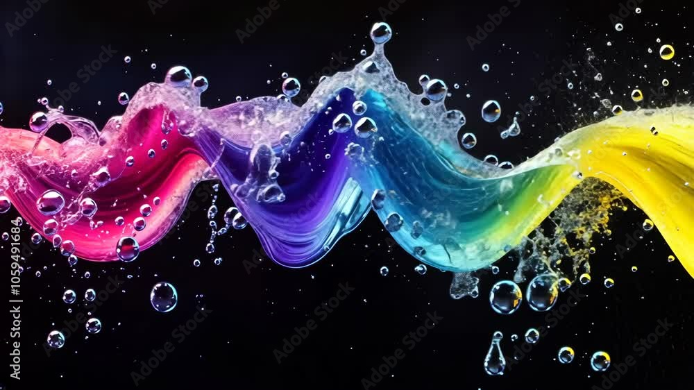 Poster a vibrant rainbow wave of liquid swirls through the air, creating a mesmerizing display of color and