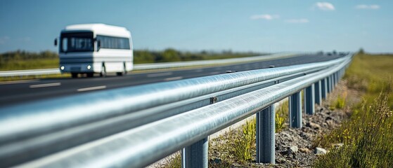 Close-up of a safety barrier on a highway with a white bus driving in the background.