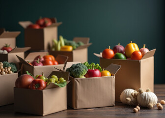 Volunteers fill boxes with food on a dark background for donation to help those in urgent need worldwide today.