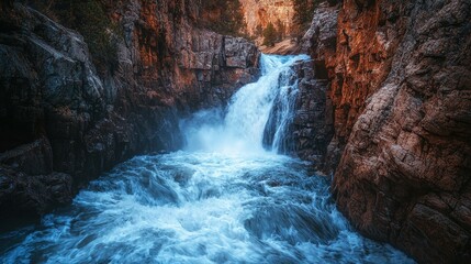A rushing waterfall in a deep canyon promoting the thrill of natures raw power and exhilarating moments
