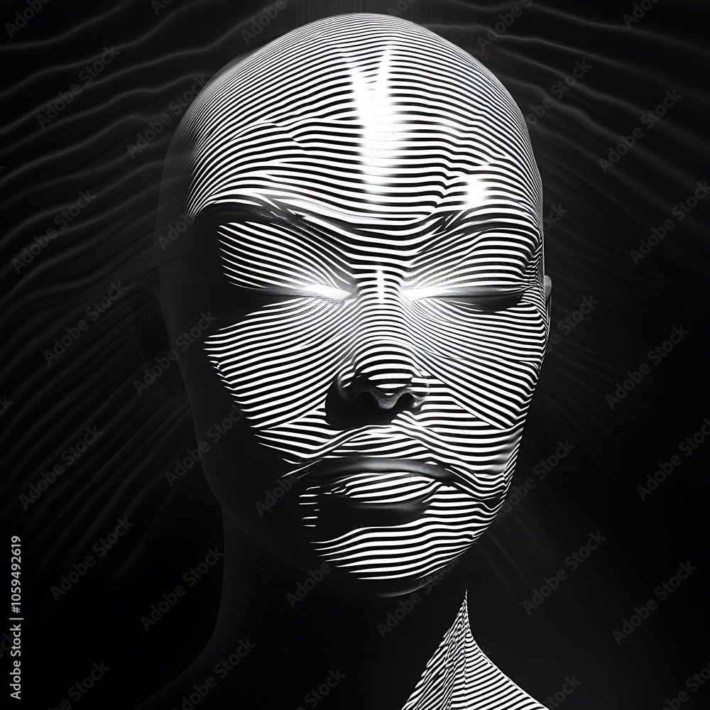 Poster striking minimalist 3d alien mask with luminescent lines, showcasing ethnic inspired design. intrica
