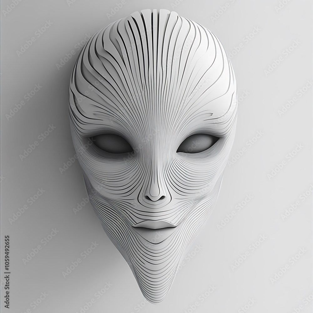 Poster minimalist 3d alien mask with intricate line patterns and smooth surface, evoking sense of mystery a