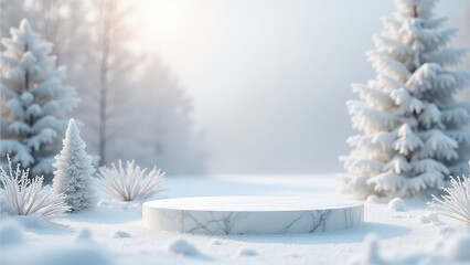 White marble podium with silver accents has a frosted look evoking a snowy winter scene on Christmas.