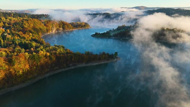 Aerial view of Lake Solina near the village of Zawoz in Bieszczady Mountains, Poland
