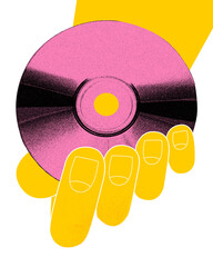 Contemporary art collage. Yellow hand with pink CD against white background. Reminder of golden era...