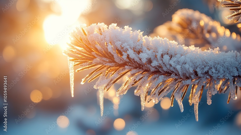 Poster a pine branch adorned with fresh frost and icicles captures the early morning sunlight, creating a p