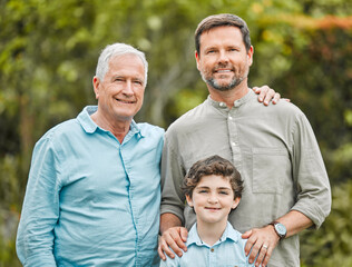 Fototapeta premium Portrait, dad and boy in park with grandfather, smile and trust in nature and happy family together. Proud men, grandpa or parent in Australia with love, care or male kid on outdoor holiday vacation