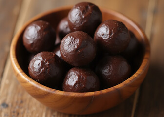 Obraz premium Wooden bowl contains dark chocolate balls viewed from directly above the surface.