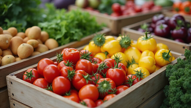 Wooden box displays vibrant selection of fresh produce and healthy staples for community gatherings.