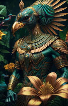 Thot ancient egyptian god in fantasy style with exotic floral background