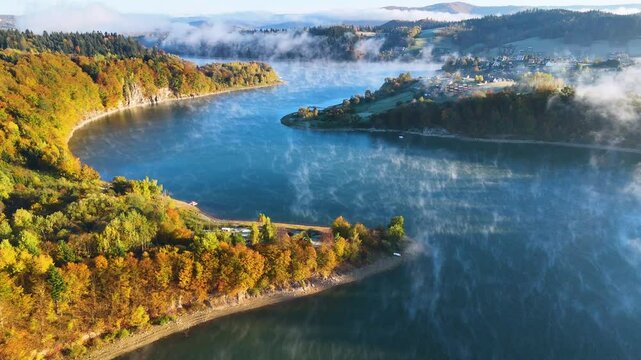 Aerial view of Lake Solina near the village of Zawoz in Bieszczady Mountains, Poland
