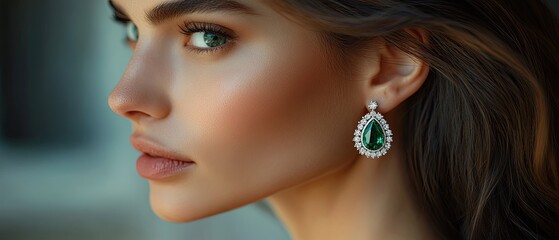 Close-up portrait of a woman wearing emerald drop earrings.