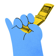 Contemporary art collage. Blue hand with yellow flip phone against white background. Classic retro...