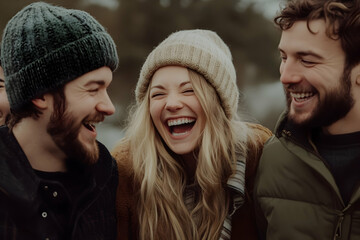 Obraz premium Joyful laughter shared among friends outdoors on a chilly winter day in a scenic landscape