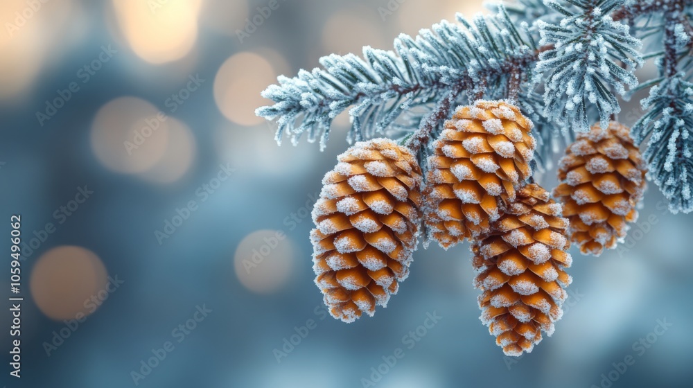 Poster frosted pine cones dangle from a snow-dusted branch, showcasing winter's beauty in a tranquil forest