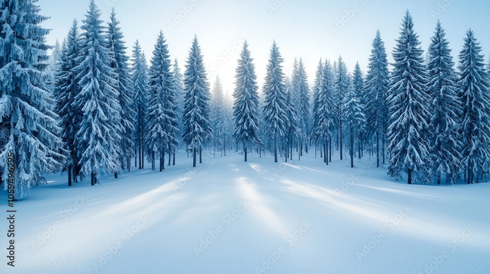 Poster the interplay between the snow-covered branches and trunks of snow-covered pine forests creates abst
