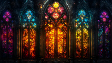Obraz premium Intricate stained glass window designs, colorful texture background illuminating artistic craftsmanship