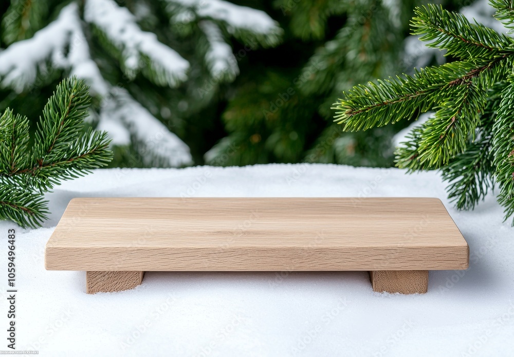 Poster snow covers forest floor and branches of fir trees are covered with snow on the nature background wi