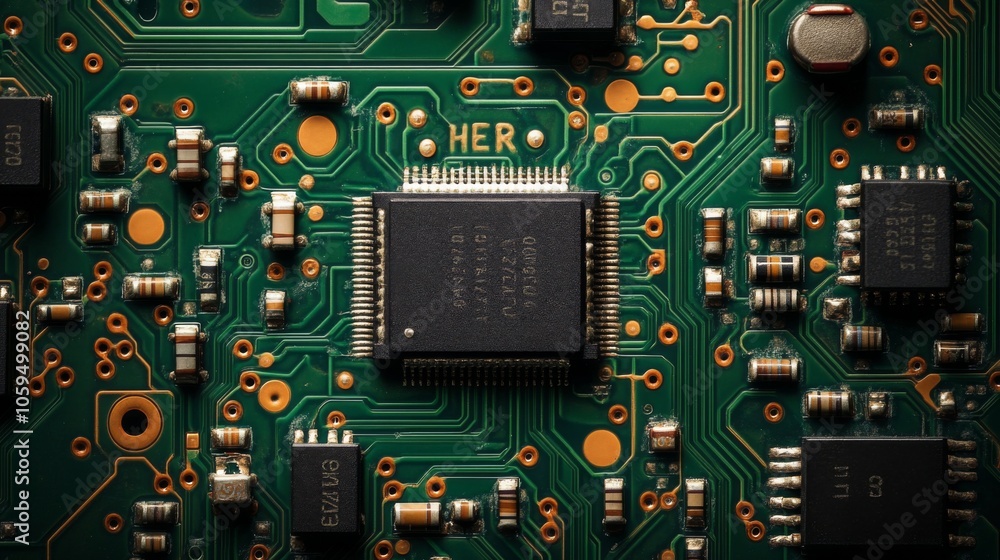 Poster close-up of a circuit board with a microchip labeled 'her'.