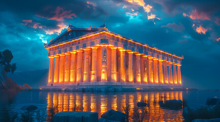 Glowing ancient temple illuminated at dusk against a dramatic sky.
