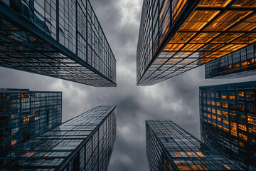 Dramatic perspective of towering skyscrapers under a stormy sky.
