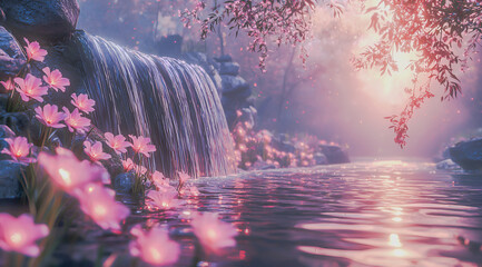 Dreamy waterfall scene with glowing purple lotus flowers in a magical forest.
