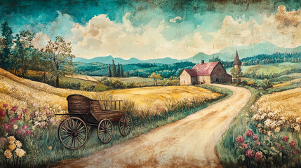 Naklejka premium Illustration of a cart on a road inside a farm in a wall painting 