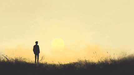 Fototapeta premium Silhouette of a person standing in a field at sunset, looking towards the sun.