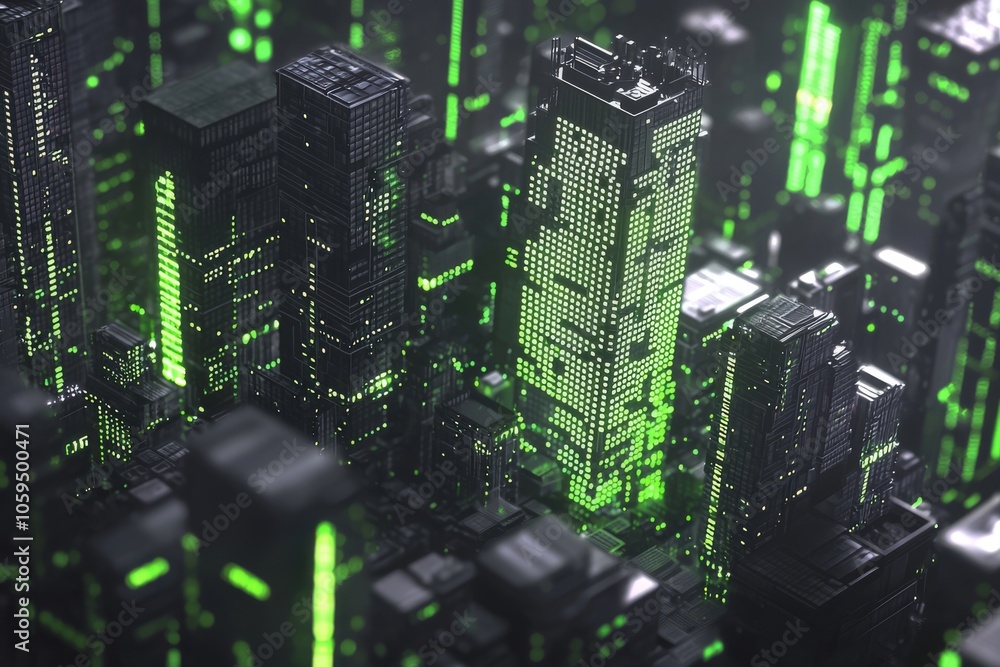 Poster in the form of futuristic city skyline, glowing particles create an abstract illustration of binary 