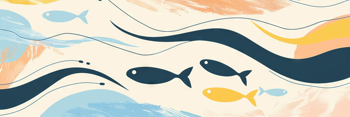 Colorful Abstract Ocean Scene with Fish and Waves in Pastel Tones - Concept of Marine Life, Ocean Animals, Sea, Artistic Expression, and Tranquility. Cute cartoon illustration. Banner. Background