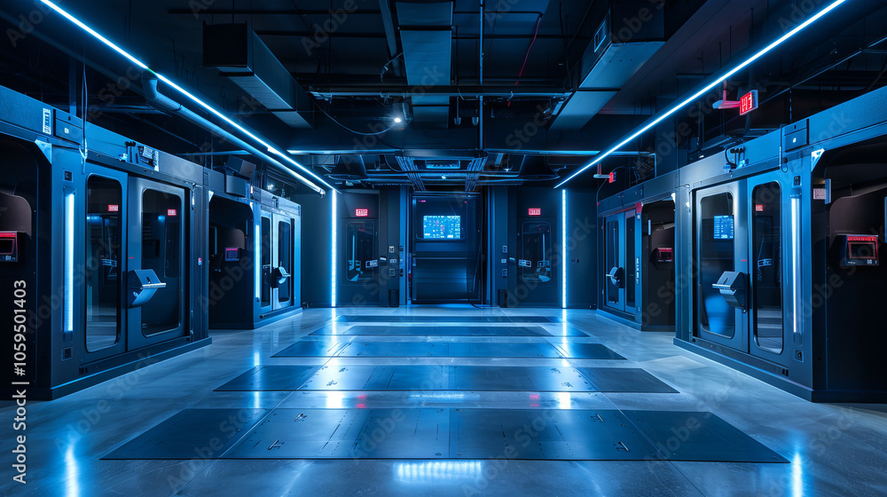 Aufkleber high-tech indoor shooting range with advanced simulation booths and neon lighting. concept of modern