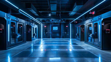 High-tech indoor shooting range with advanced simulation booths and neon lighting. Concept of modern shooting practice, secure training environment, and technological precision