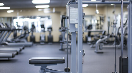 Fototapeta premium Modern Gym Equipment with Rowing Machine and Treadmills in Background