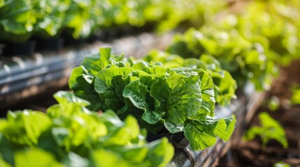A macro shot of a hydroponic system with rows of vegetables growing in water instead of soil promoting efficient use of resources in food production.