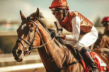 African American male jockey riding a racehorse on a racetrack. Concept of horse racing, equestrian sport, competition, athletic performance