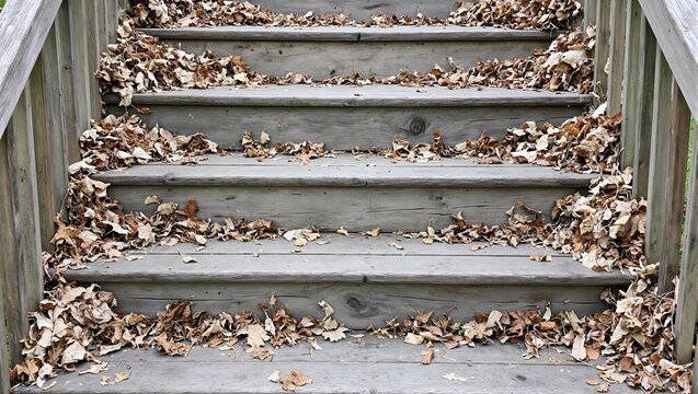 Weathered wooden stairs covered in dry leaves creating a messy and hazardous path