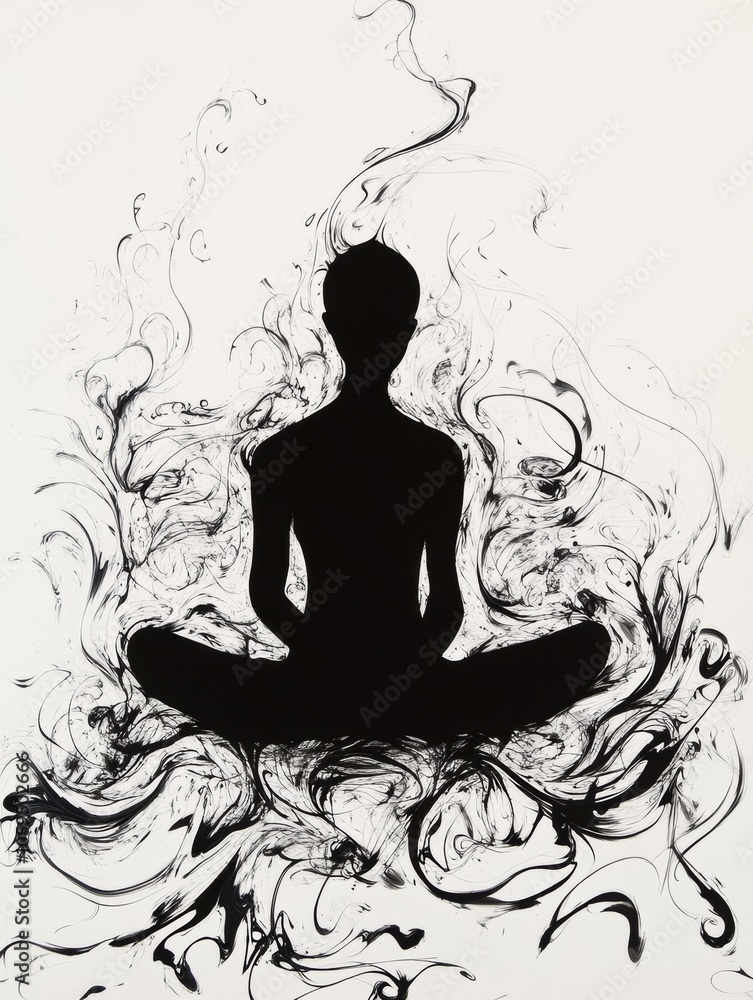 Poster a solitary figure sits in a meditative pose, enveloped by flowing abstract shapes that exude tranqui