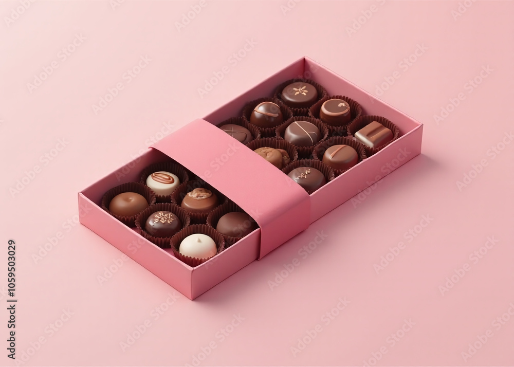 Aufkleber assorted chocolates in a satin pink wrapped box on a pastel background with a simple flat design.
