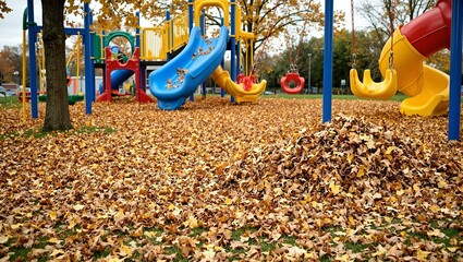 Colorful playground covered in leaves creating a messy and slippery play area