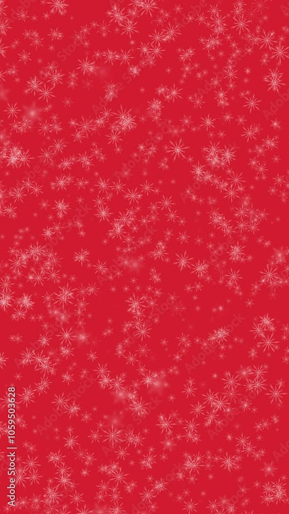 Poster artistic snowflakes loop falling on clean red vertical background.