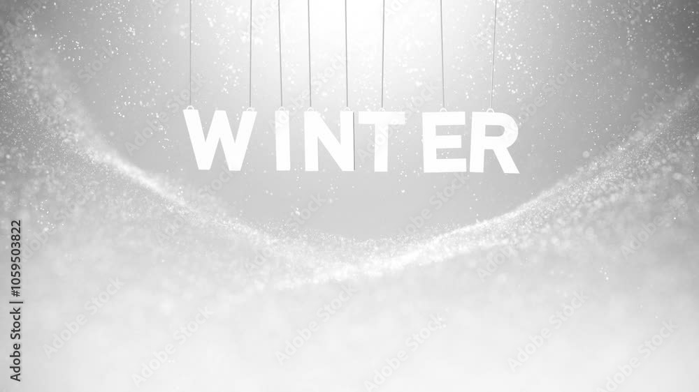 Poster artistic snowy silver white background with winter word swinging on the string loop animation.