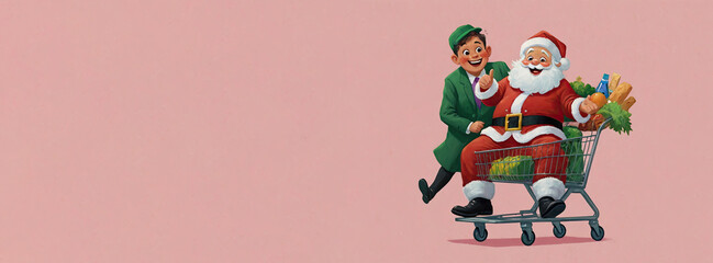 Santa Claus is sitting in a grocery cart with an elf helper, both smiling happily, pink solid background