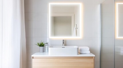 Fototapeta premium Compact vanity with LED-lit mirror, high-tech bathroom feel