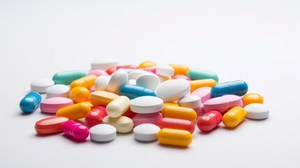 Colorful pills on a white background.